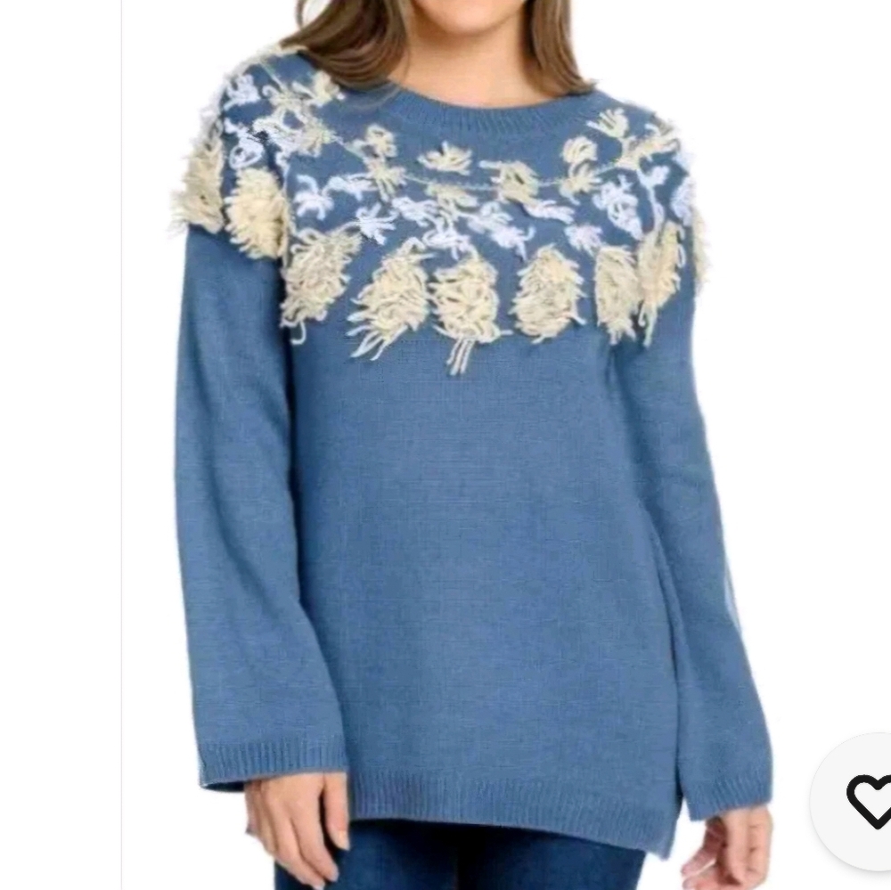 Indigo Thread Co. Blue Yellow Bohemian Oversized Sweater Fringe Detail Size XL